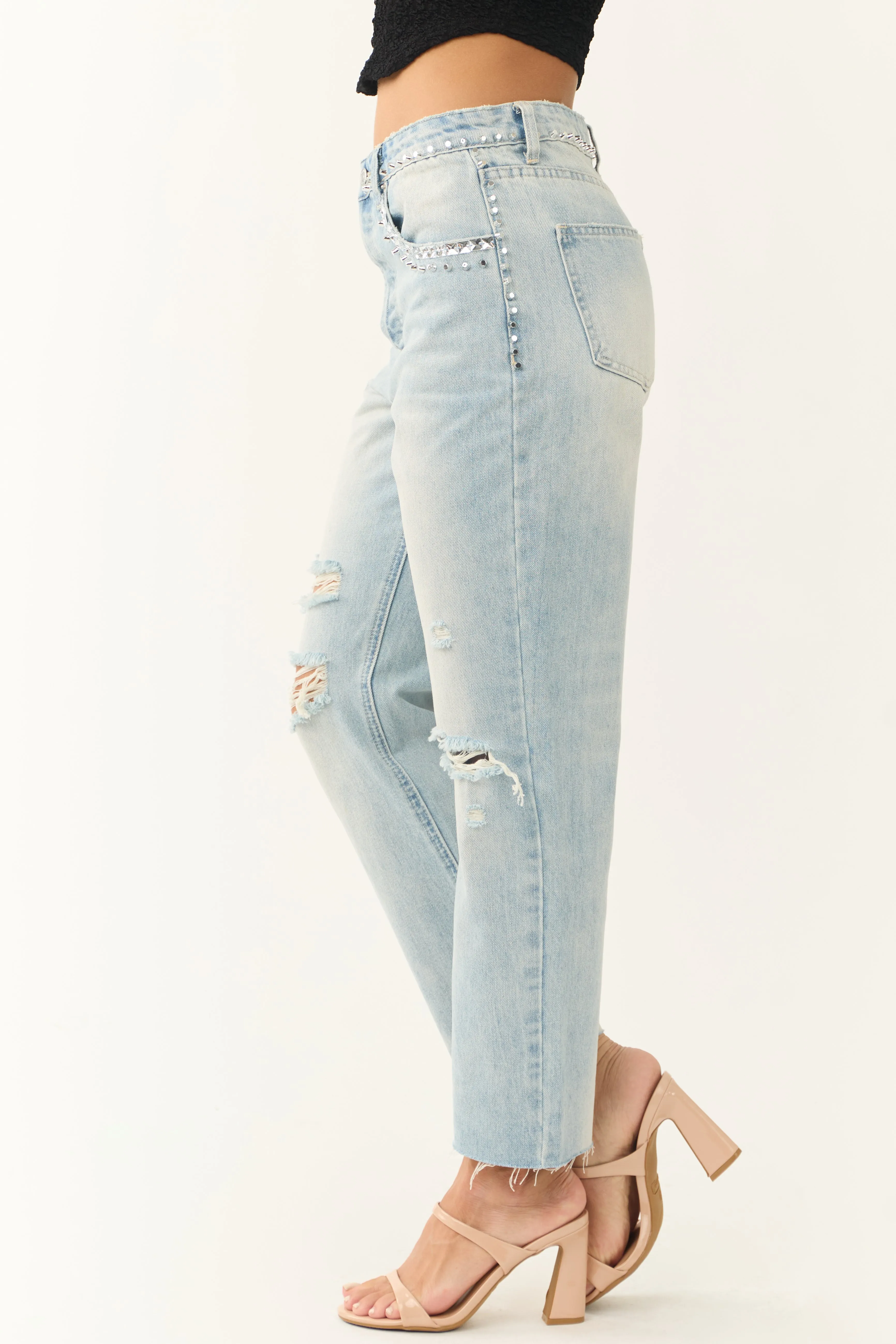 Light Wash Rhinestone Studded Straight Jeans sold by Lime Lush product image thumbnail 3