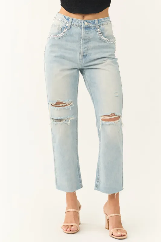 Light Wash Rhinestone Studded Straight Jeans sold by Lime Lush