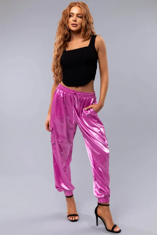 Orchid Shiny Metallic Smocked Waist Joggers sold by Lime Lush