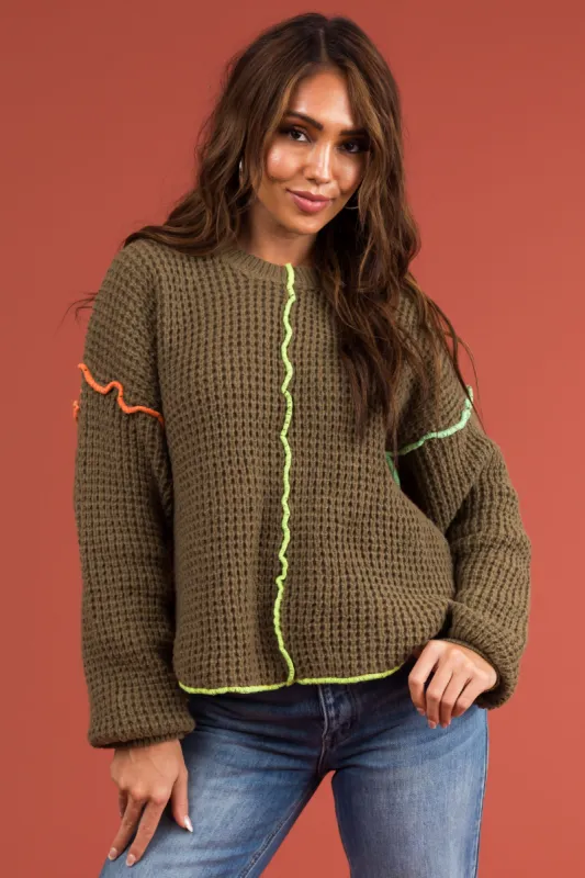 Army Green Waffle Knit Sweater with Neon Accents sold by Lime Lush