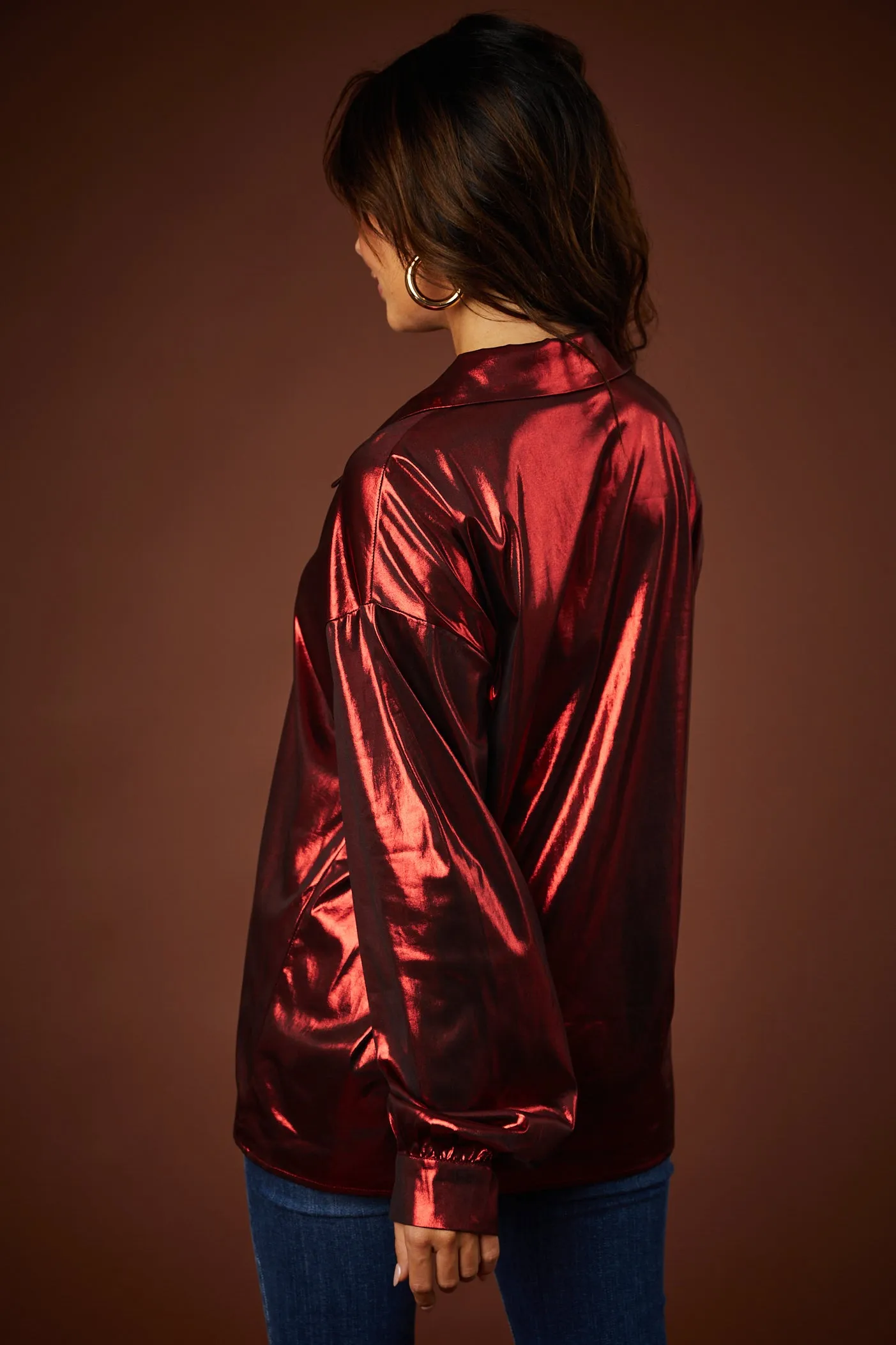 Cranberry Metallic Button Down Collared Blouse sold by Lime Lush product image thumbnail 5