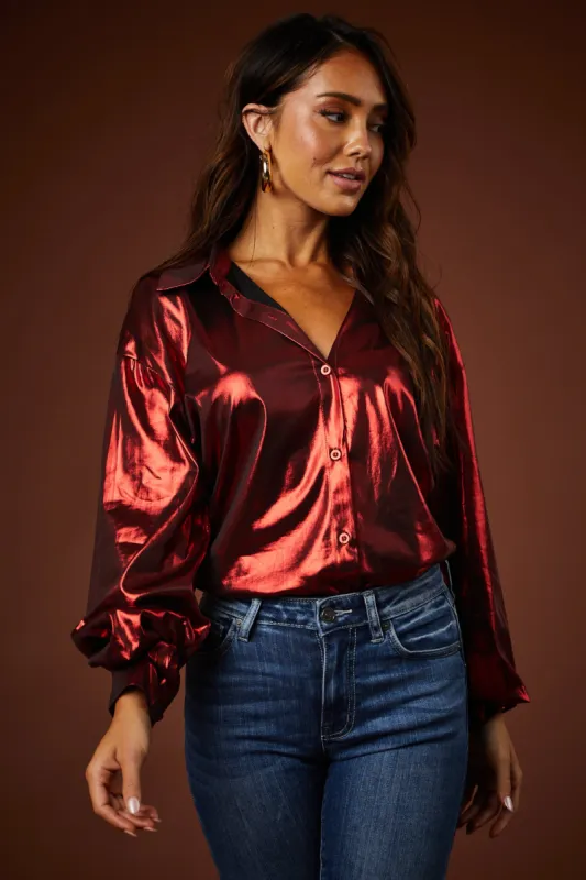 Cranberry Metallic Button Down Collared Blouse sold by Lime Lush