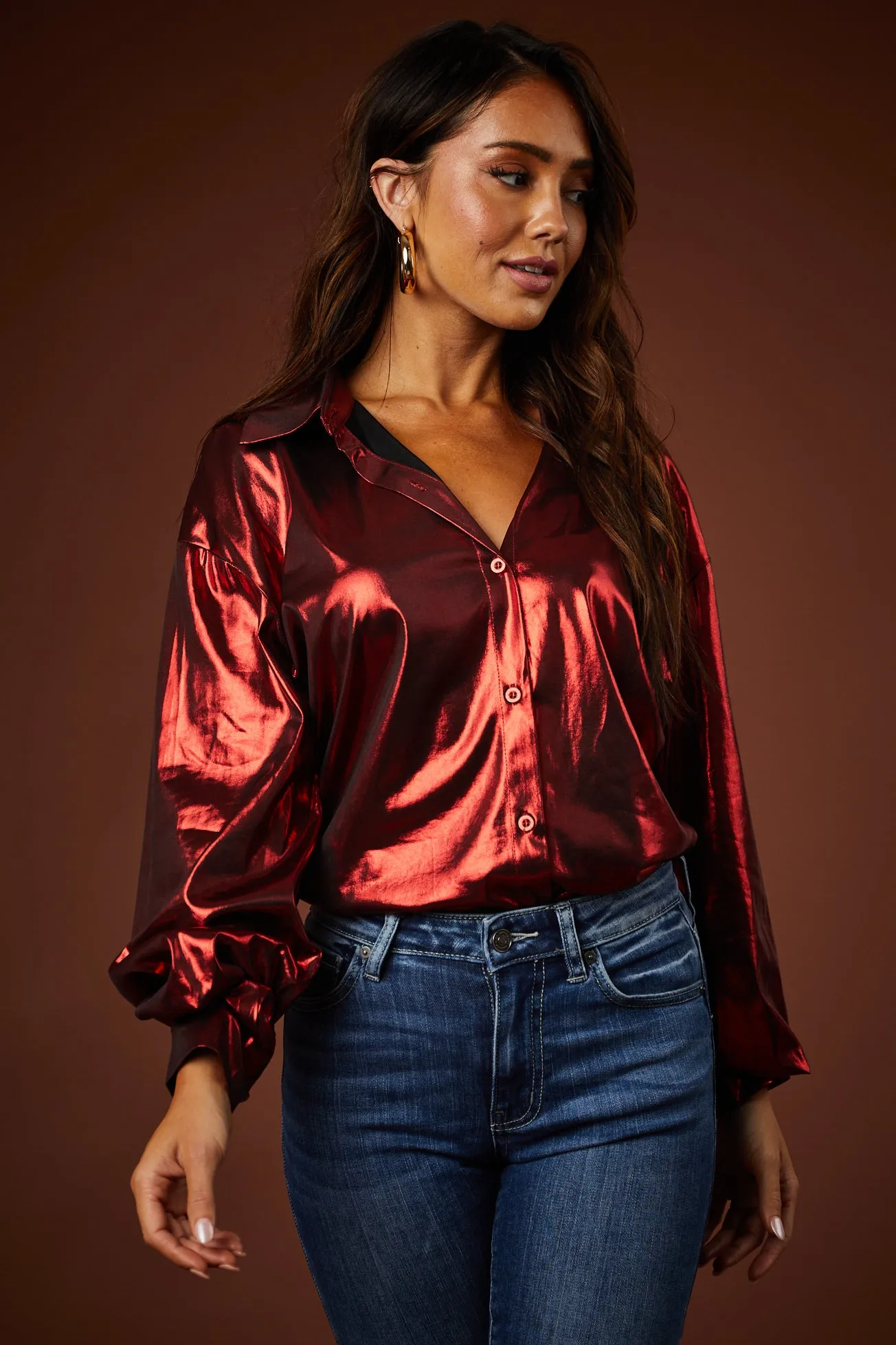 Cranberry Metallic Button Down Collared Blouse sold by Lime Lush