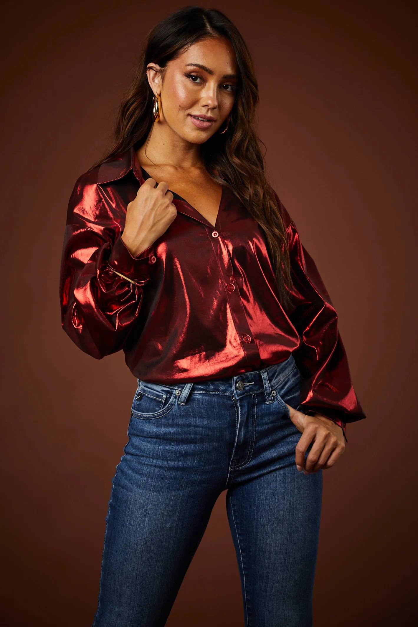 Cranberry Metallic Button Down Collared Blouse sold by Lime Lush product image thumbnail 2