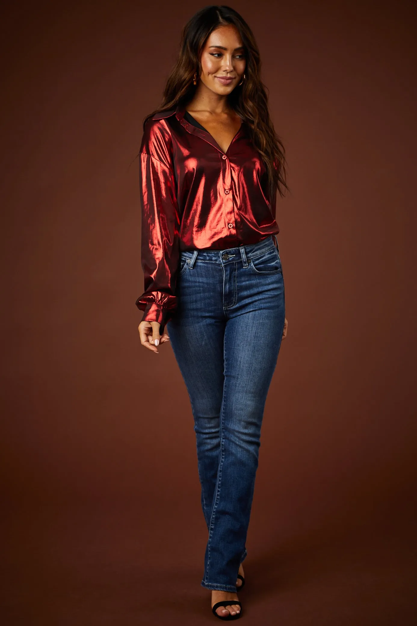 Cranberry Metallic Button Down Collared Blouse sold by Lime Lush product image thumbnail 3