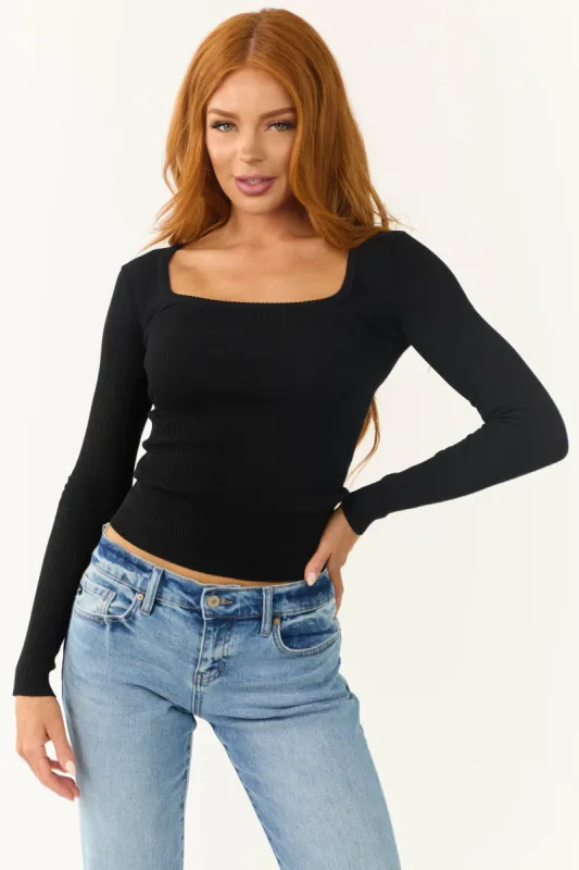 Black Long Sleeve Fitted Ribbed Knit Top sold by Lime Lush