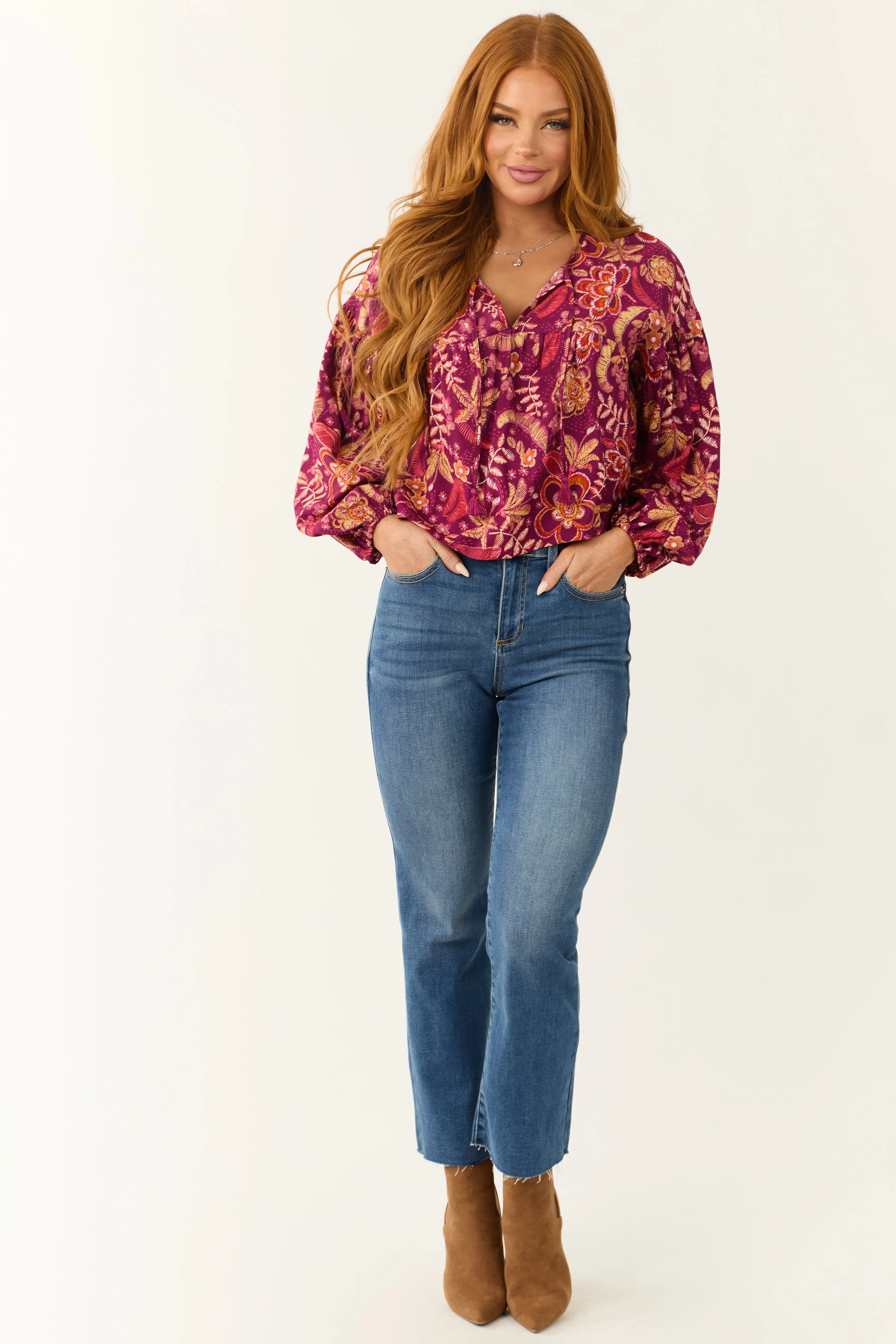 Berry Floral Print Long Sleeve Front Tie Top sold by Lime Lush product image thumbnail 2