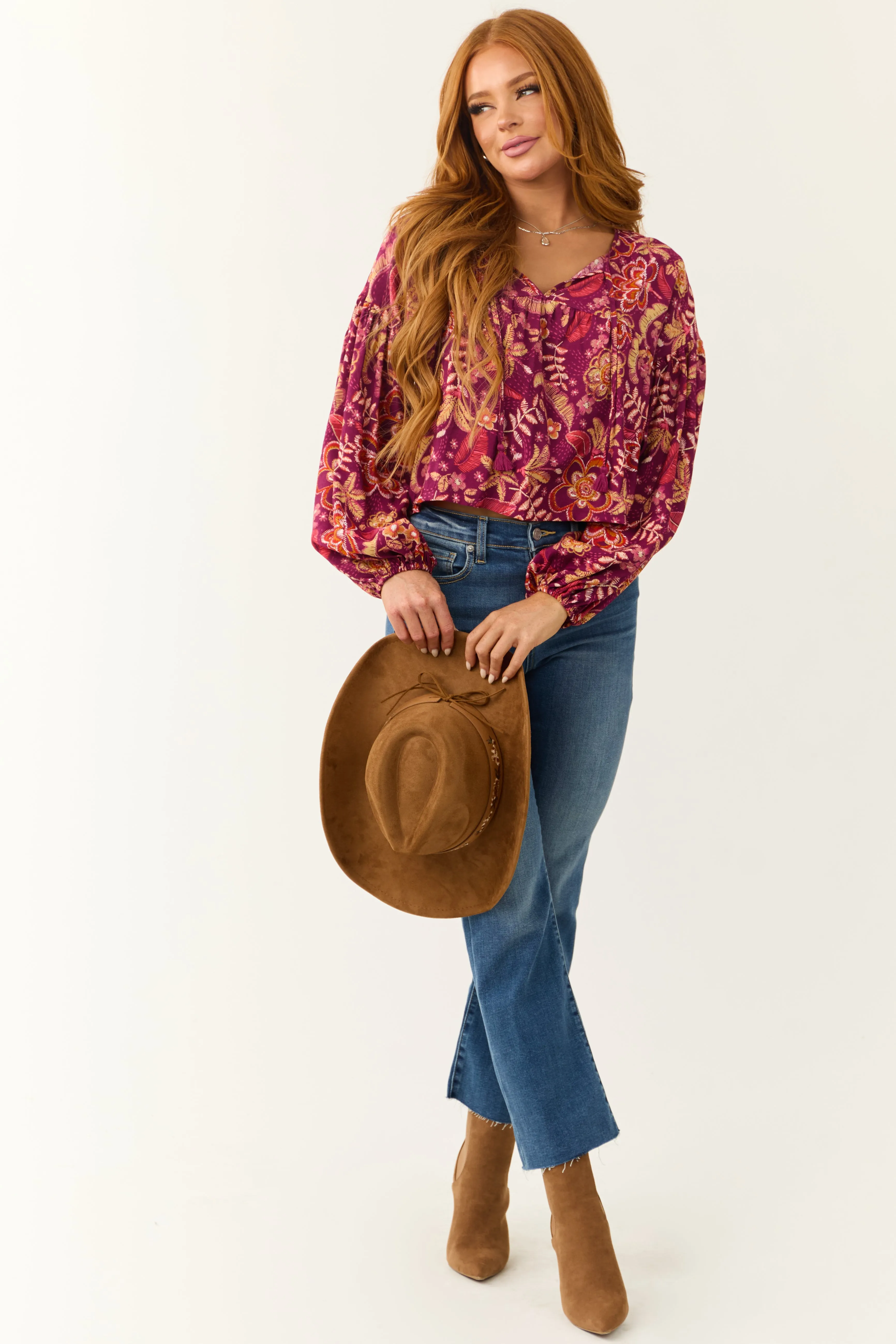 Berry Floral Print Long Sleeve Front Tie Top sold by Lime Lush product image thumbnail 4
