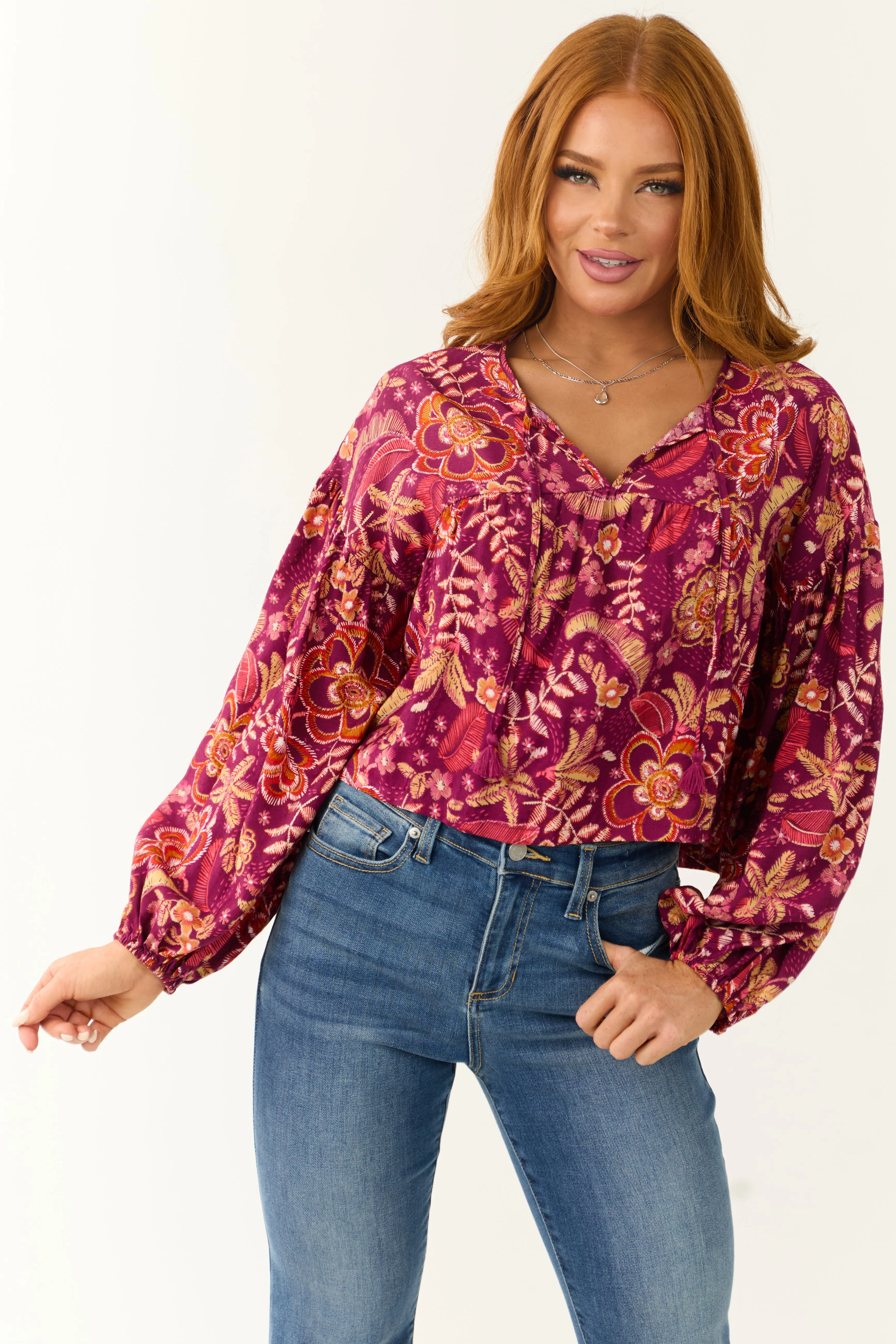 Berry Floral Print Long Sleeve Front Tie Top sold by Lime Lush