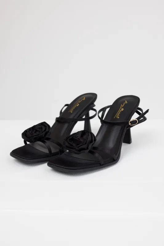 Black Satin Flower Strap Dress Heels sold by Lime Lush