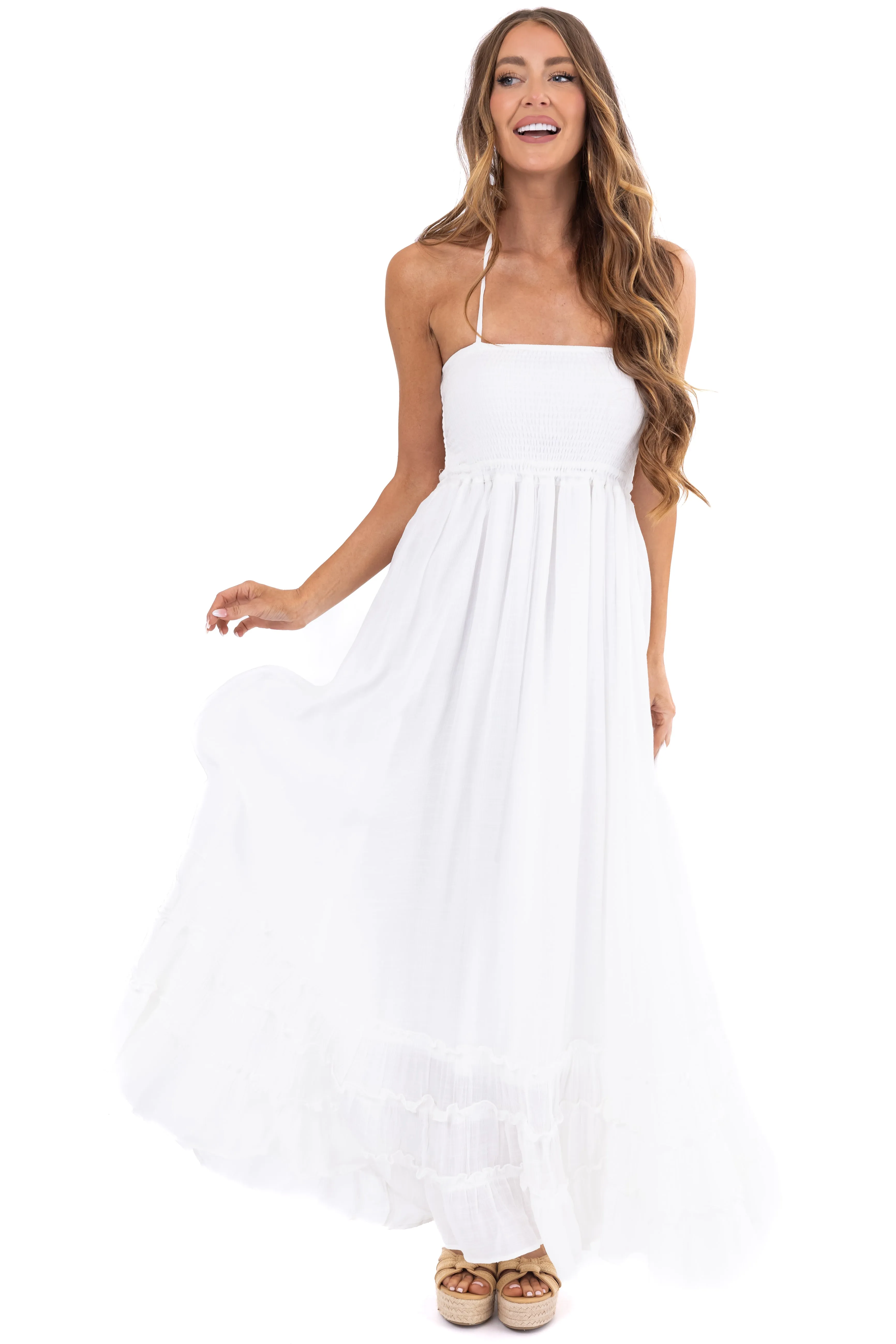 Off White Ruffle Bottom Sleeveless Maxi Dress sold by Lime Lush product image thumbnail 3
