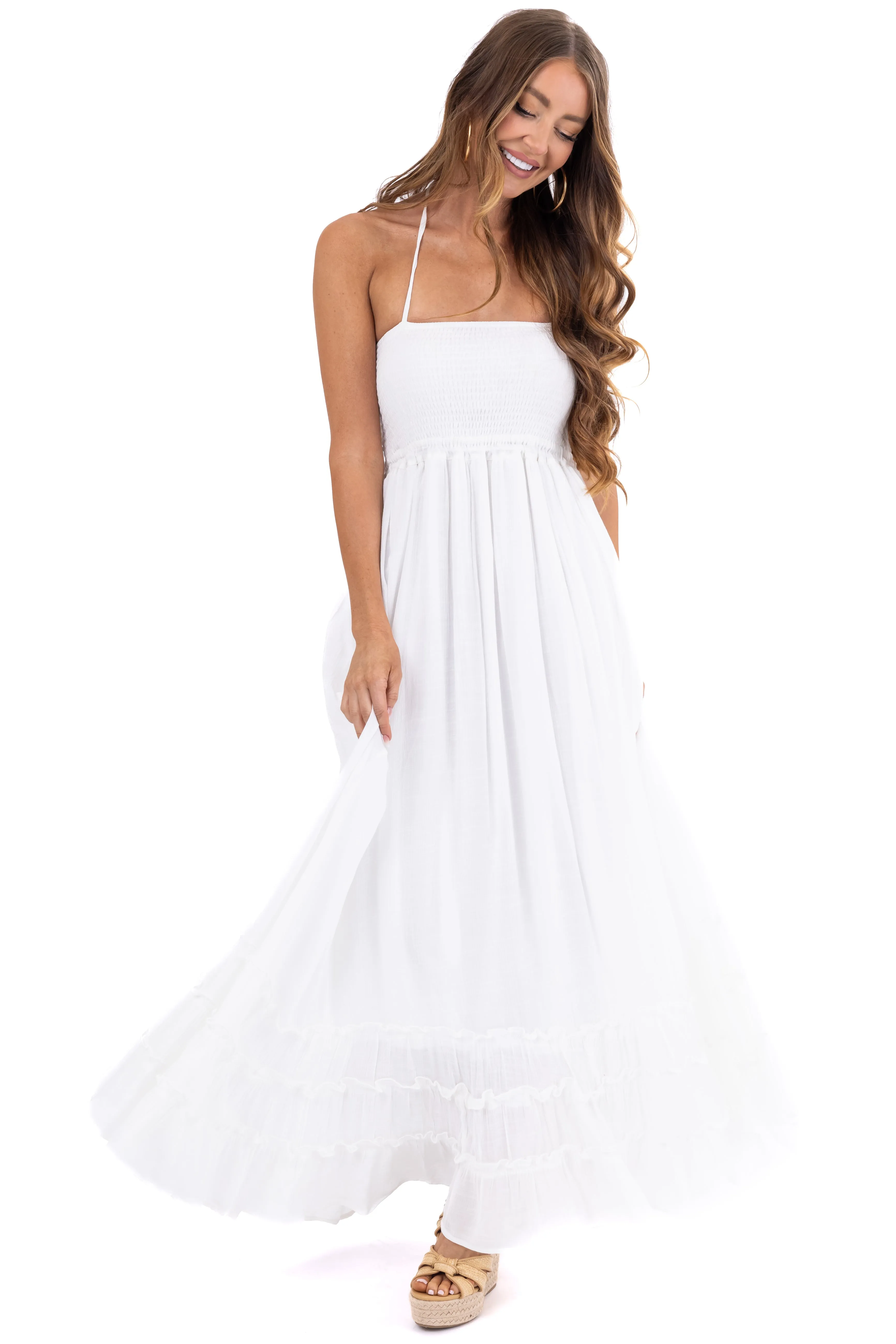 Off White Ruffle Bottom Sleeveless Maxi Dress sold by Lime Lush product image thumbnail 2