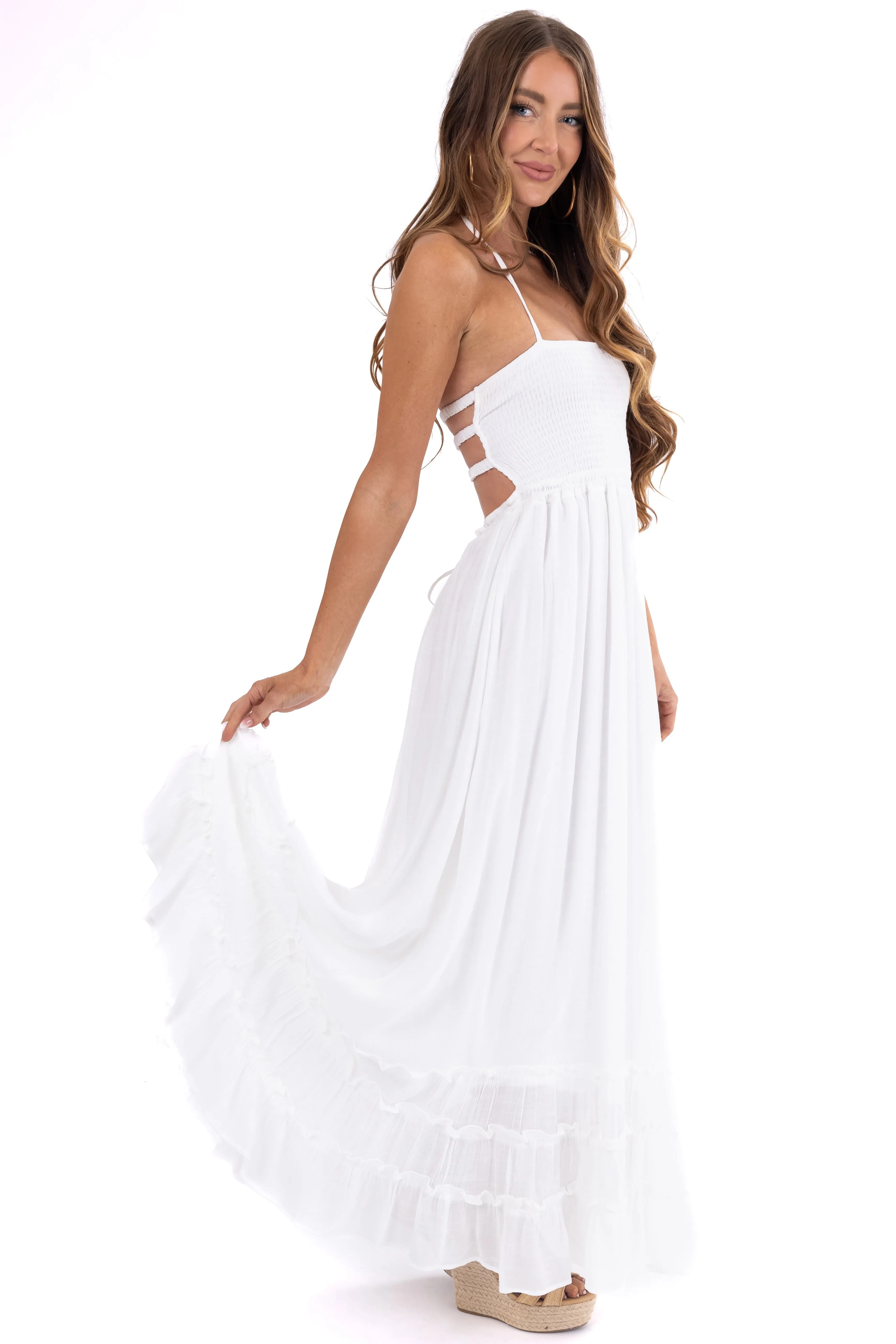 Off White Ruffle Bottom Sleeveless Maxi Dress sold by Lime Lush product image thumbnail 5