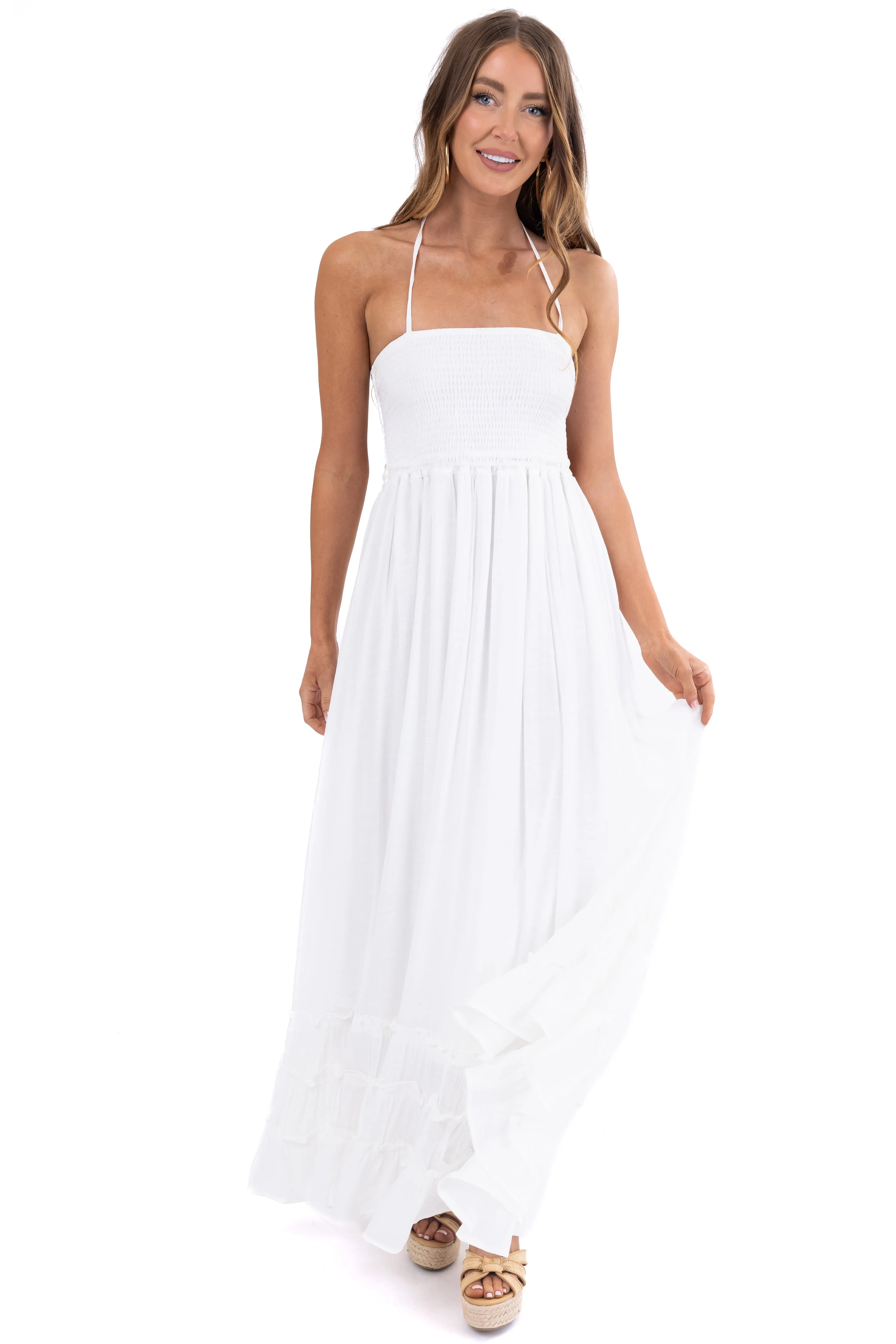 Off White Ruffle Bottom Sleeveless Maxi Dress sold by Lime Lush product image thumbnail 4