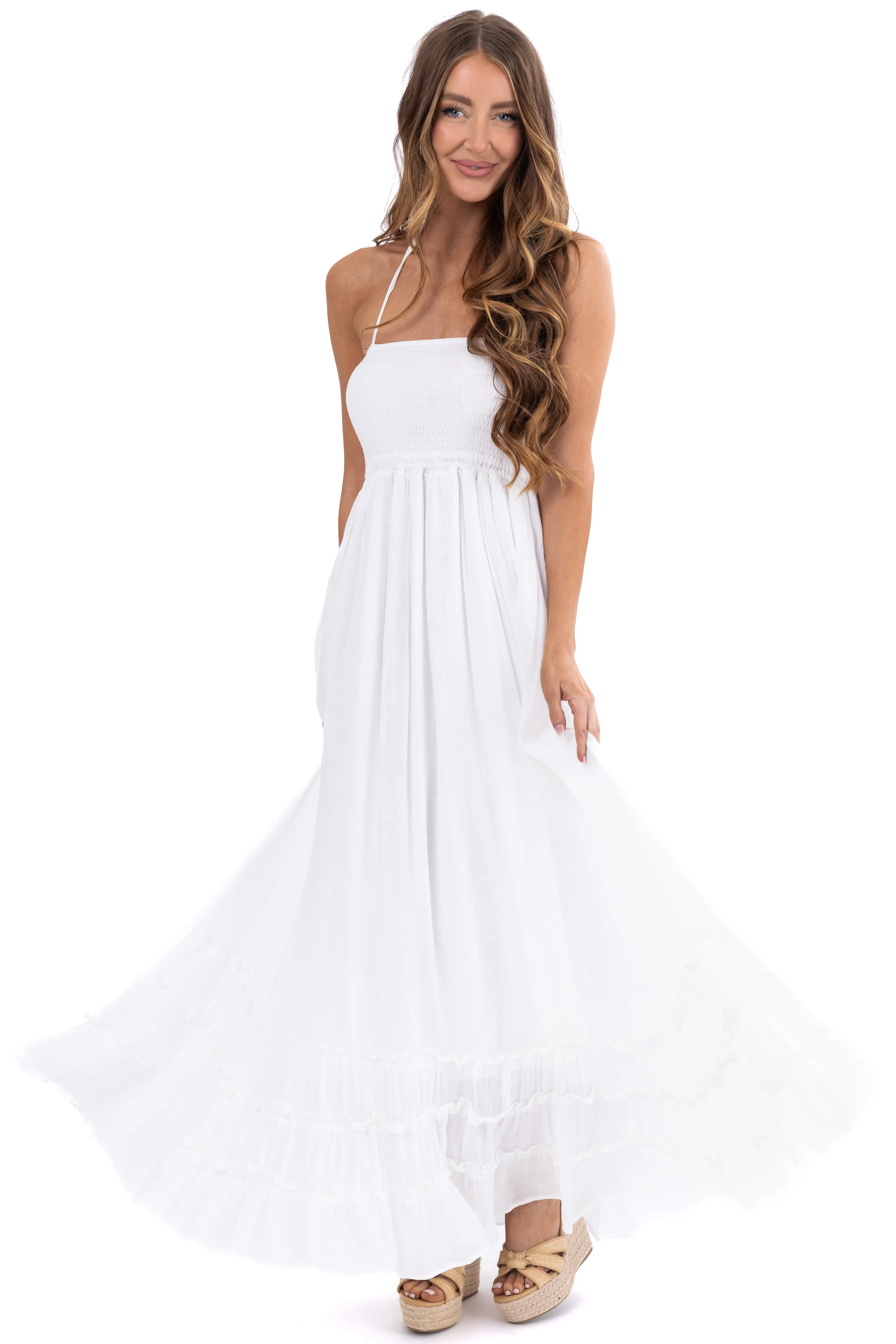 Off White Ruffle Bottom Sleeveless Maxi Dress sold by Lime Lush