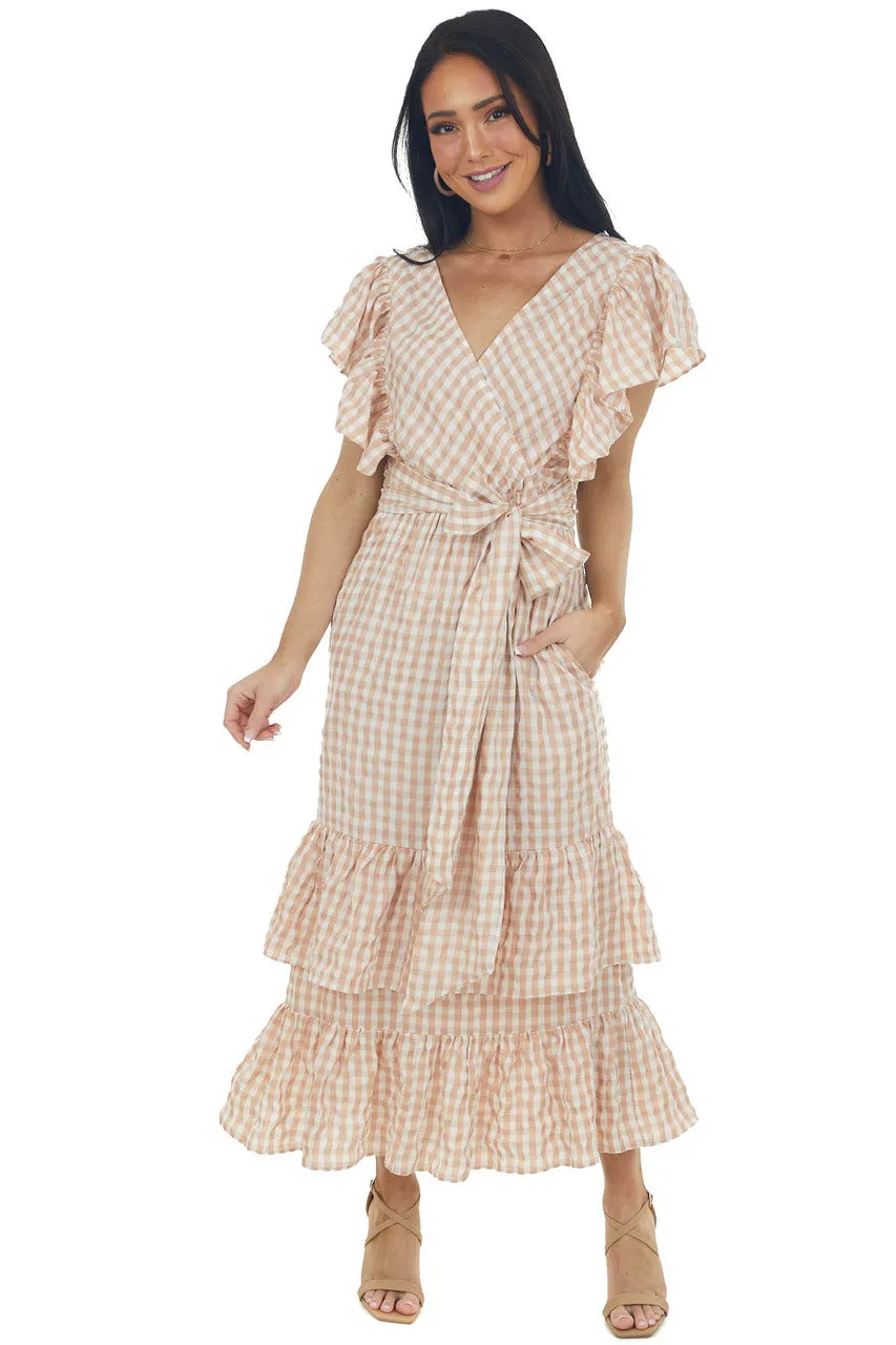 Rose Taupe Gingham Ruffle Tiered Maxi Dress sold by Lime Lush product image thumbnail 4