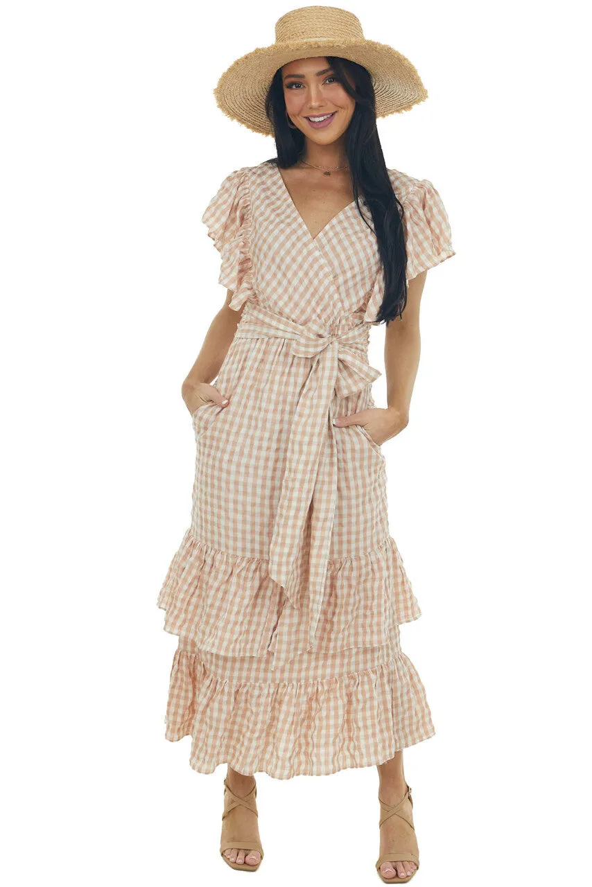 Rose Taupe Gingham Ruffle Tiered Maxi Dress sold by Lime Lush