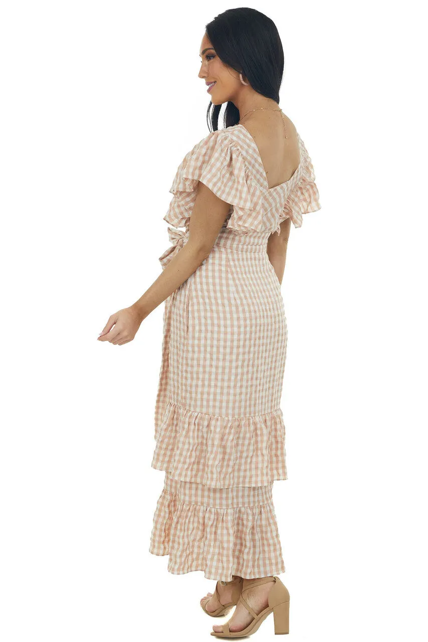 Rose Taupe Gingham Ruffle Tiered Maxi Dress sold by Lime Lush product image thumbnail 5