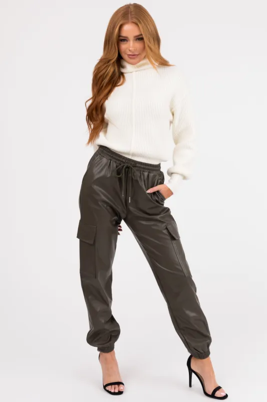 Army Green Faux Leather Smocked Cargo Pants made by Timing