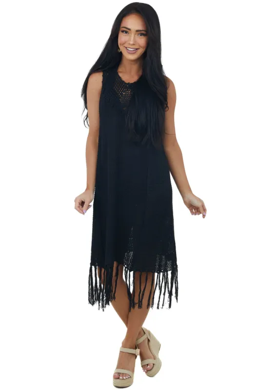 Black Tassel Hemline Crochet Knit Midi Dress sold by Lime Lush