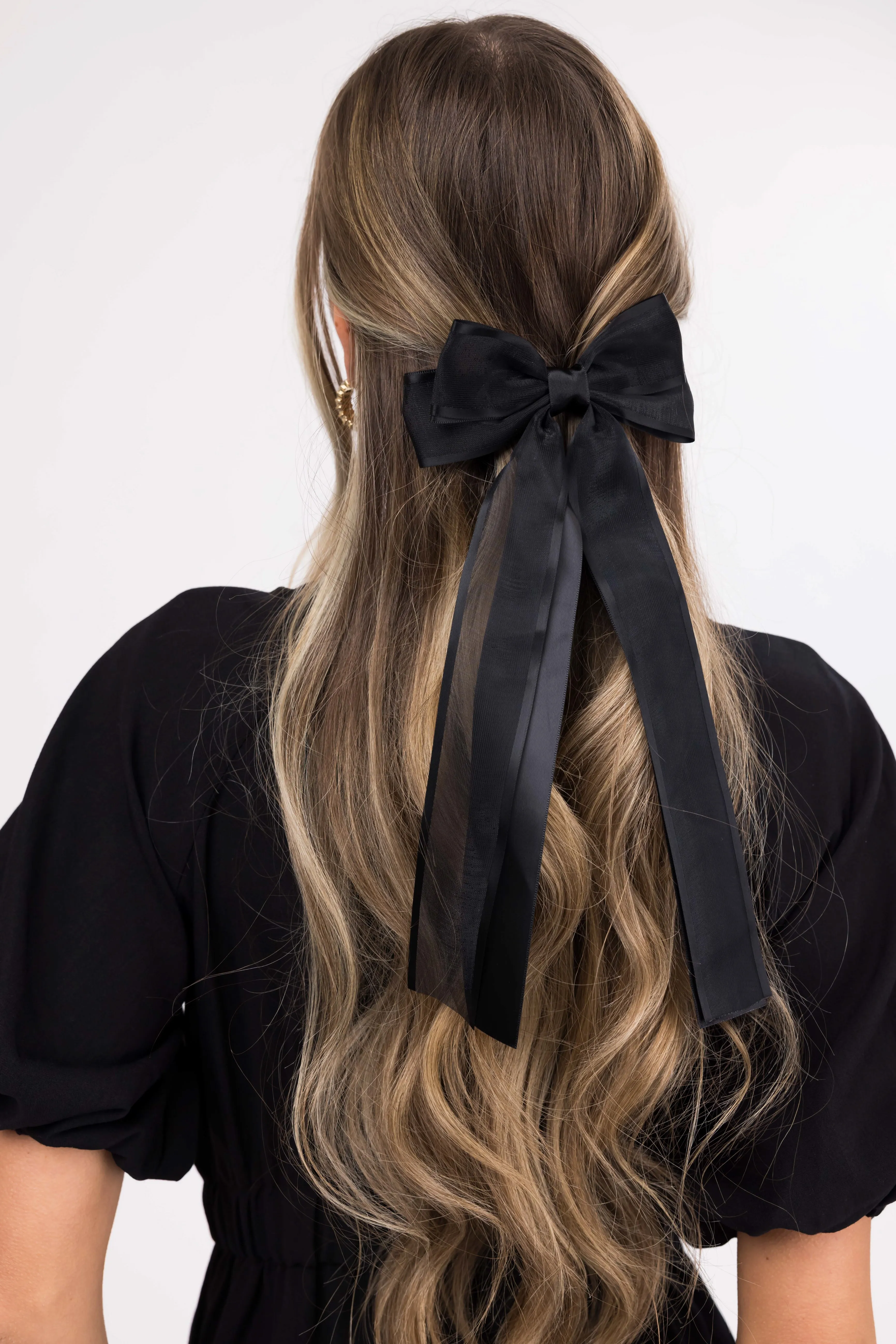 Black Long Tail Ribbon Bow Clip sold by Lime Lush