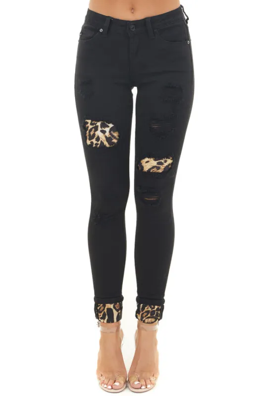 KanCan Black Distressed Skinny Jeans with Leopard Patches and Cuffs sold by Lime Lush
