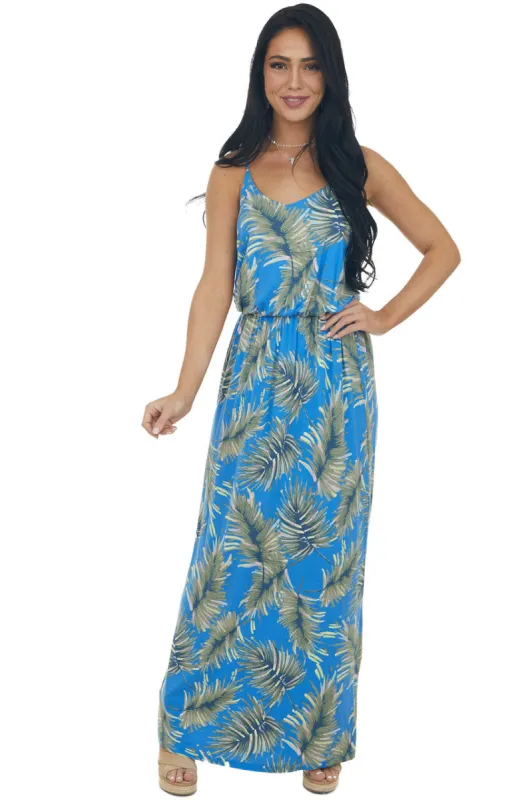 Cobalt Blue Leaf Print Maxi Dress with Straps sold by Lime Lush