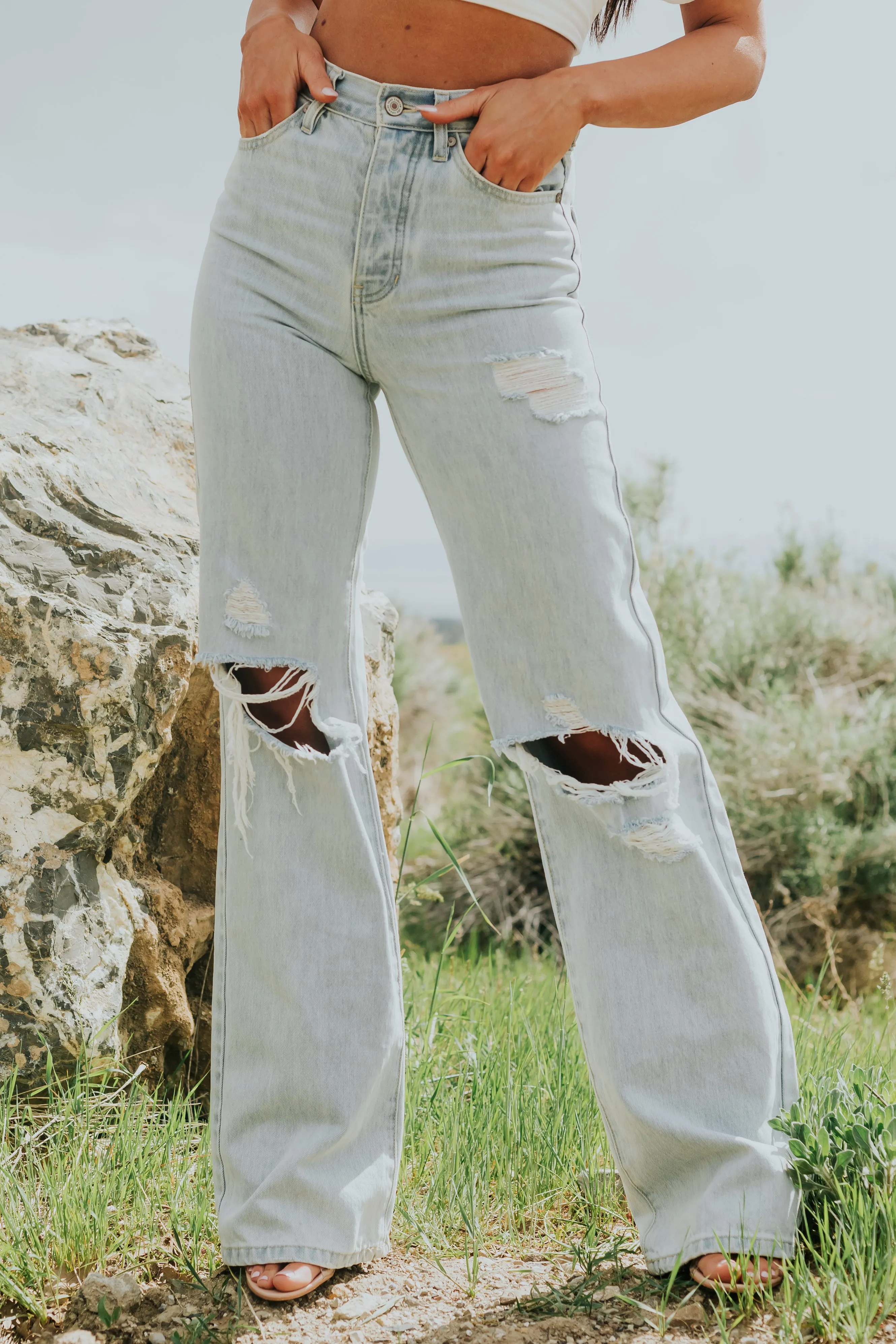 KanCan Light Denim High Rise Distressed Jeans sold by Lime Lush