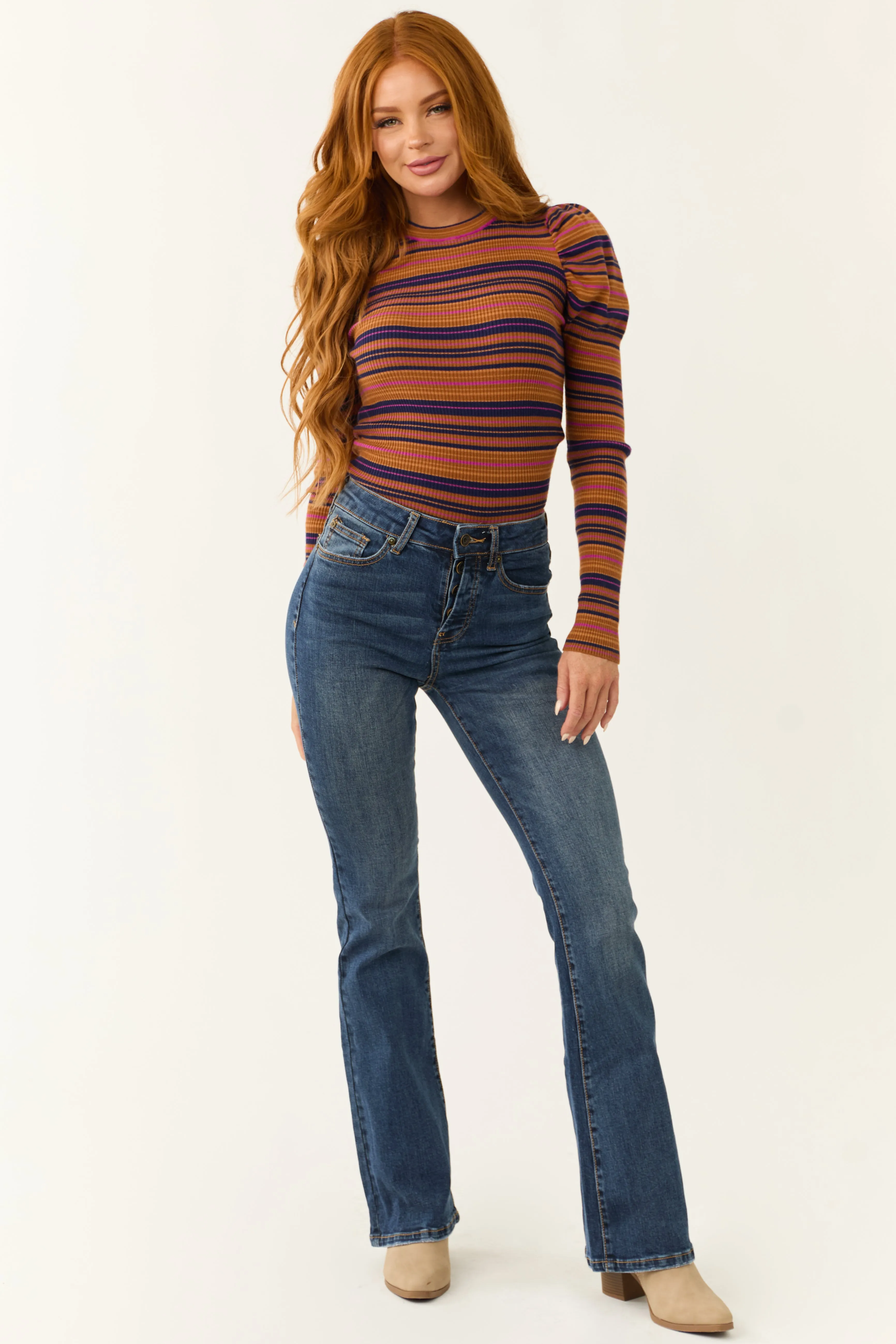 Flying Tomato Cognac Striped Puff Long Sleeve Shirt sold by Lime Lush product image thumbnail 2