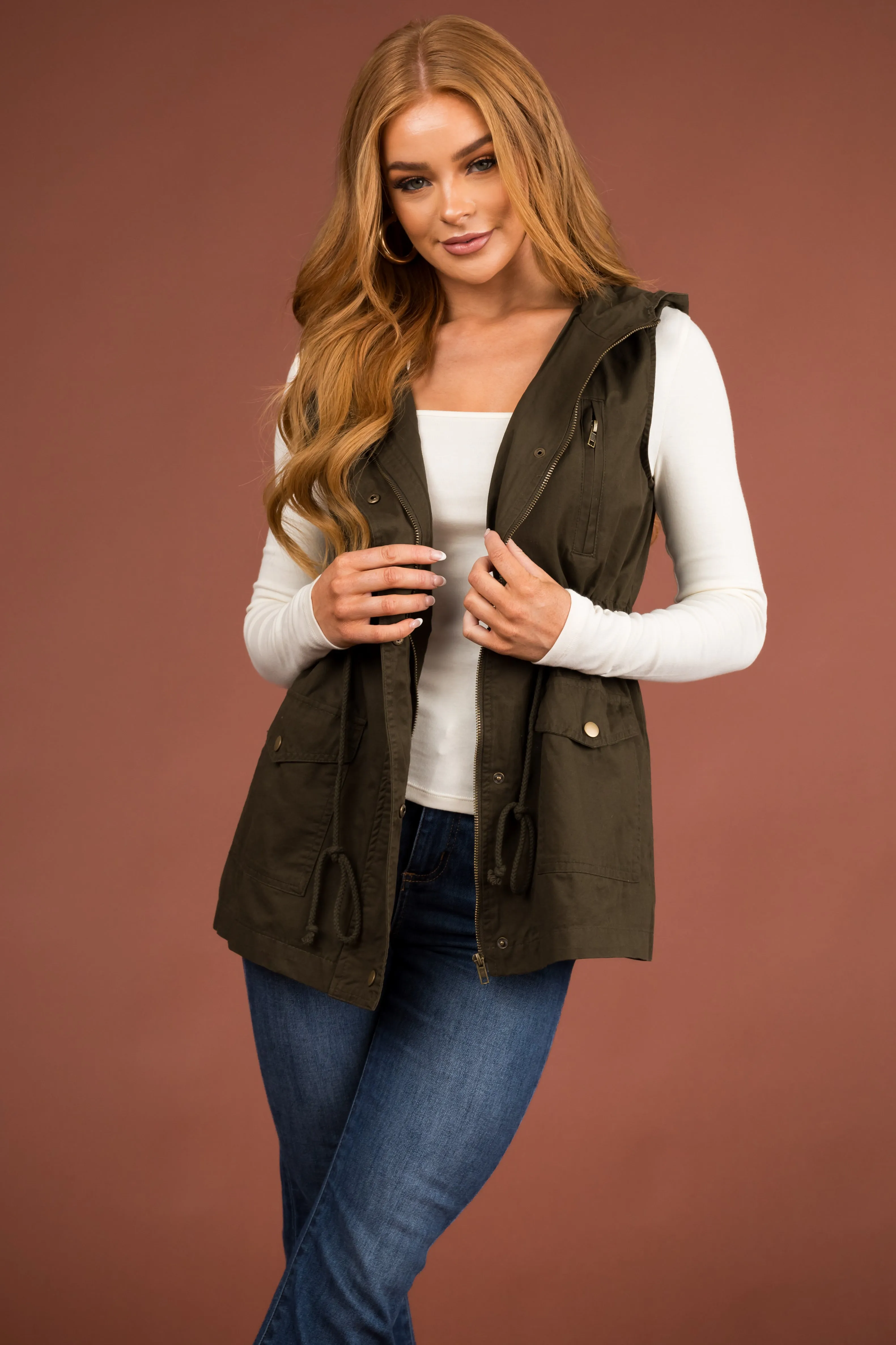 Army Green Buttoned Hooded Drawstring Waist Vest sold by Lime Lush product image thumbnail 3