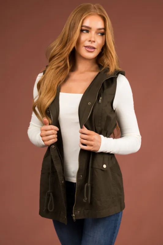 Army Green Buttoned Hooded Drawstring Waist Vest sold by Lime Lush