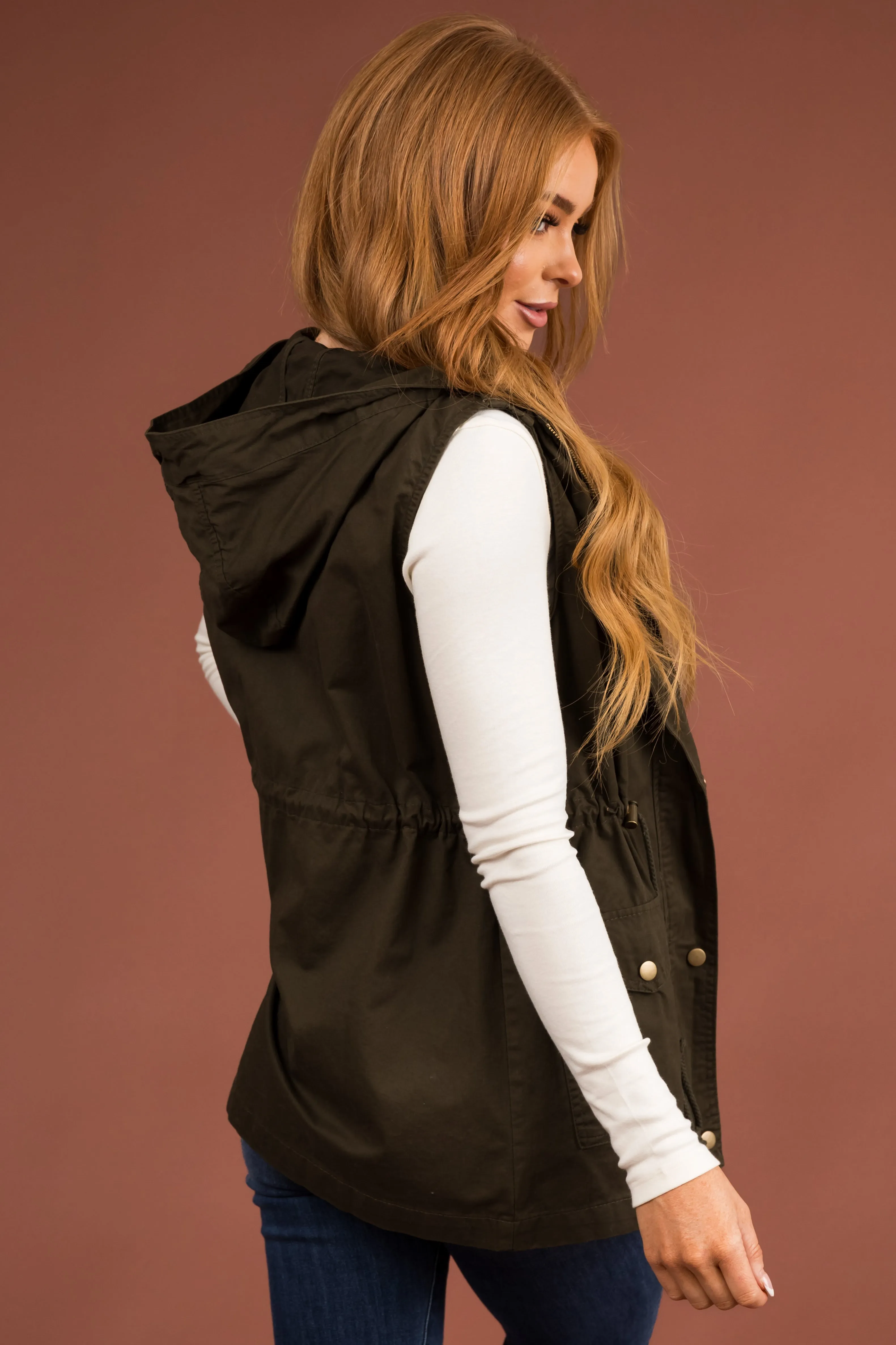 Army Green Buttoned Hooded Drawstring Waist Vest sold by Lime Lush product image thumbnail 5