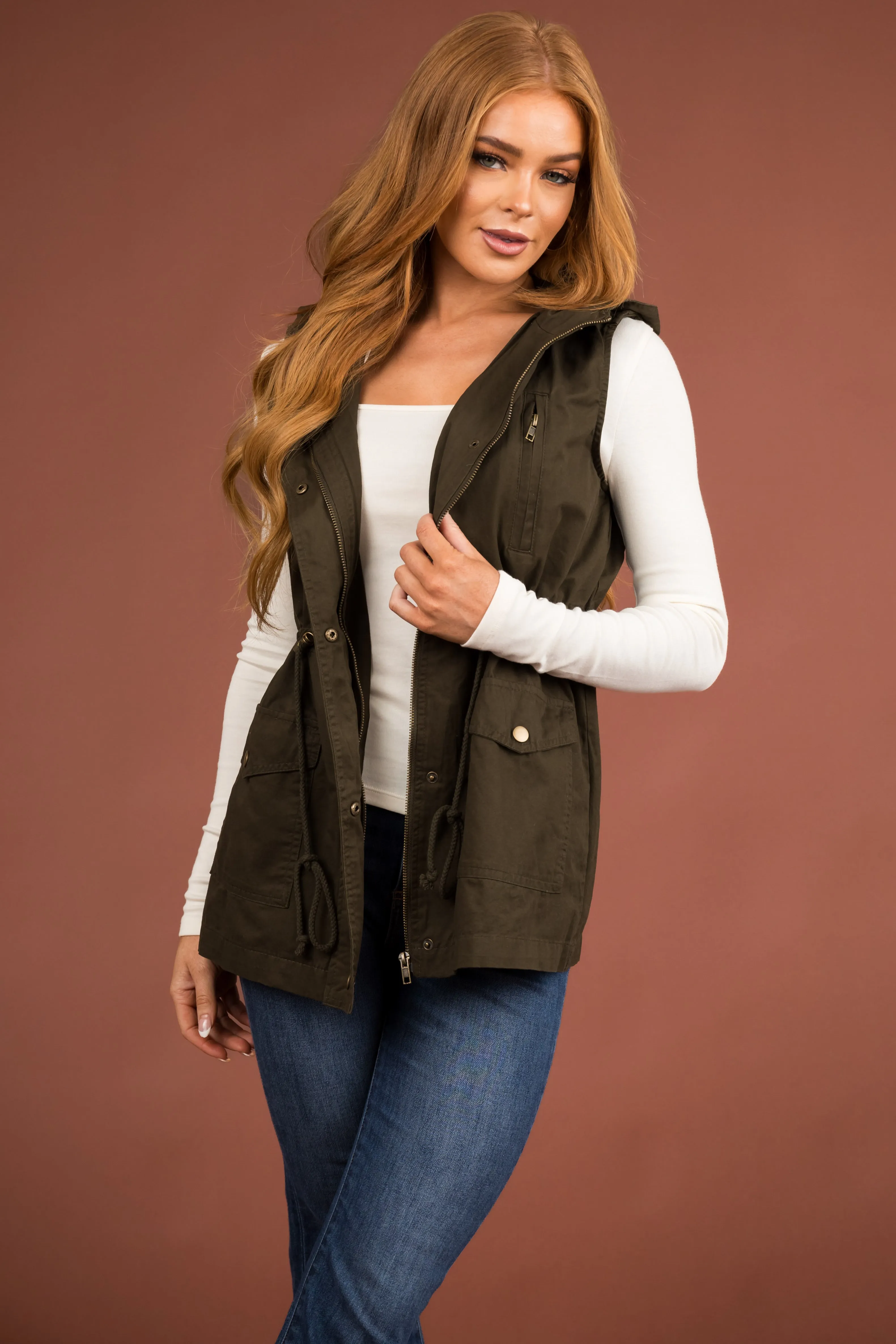 Army Green Buttoned Hooded Drawstring Waist Vest sold by Lime Lush product image thumbnail 2