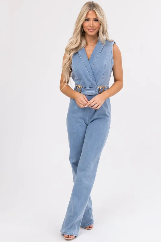 Medium Wash Sleeveless Denim Jumpsuit sold by Lime Lush