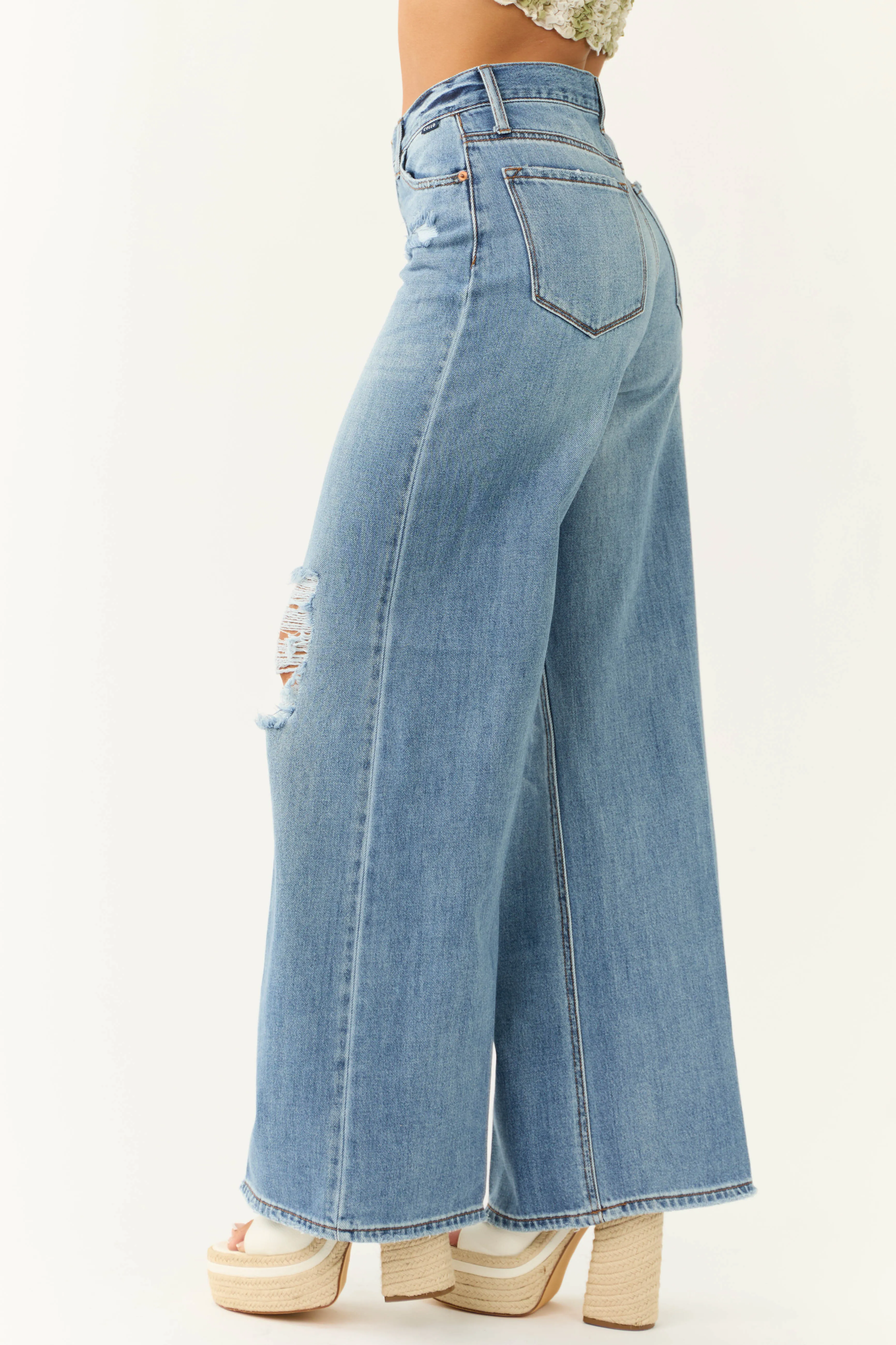 Cello Medium Light Wash Distressed Knee Wide Leg Jeans sold by Lime Lush product image thumbnail 5