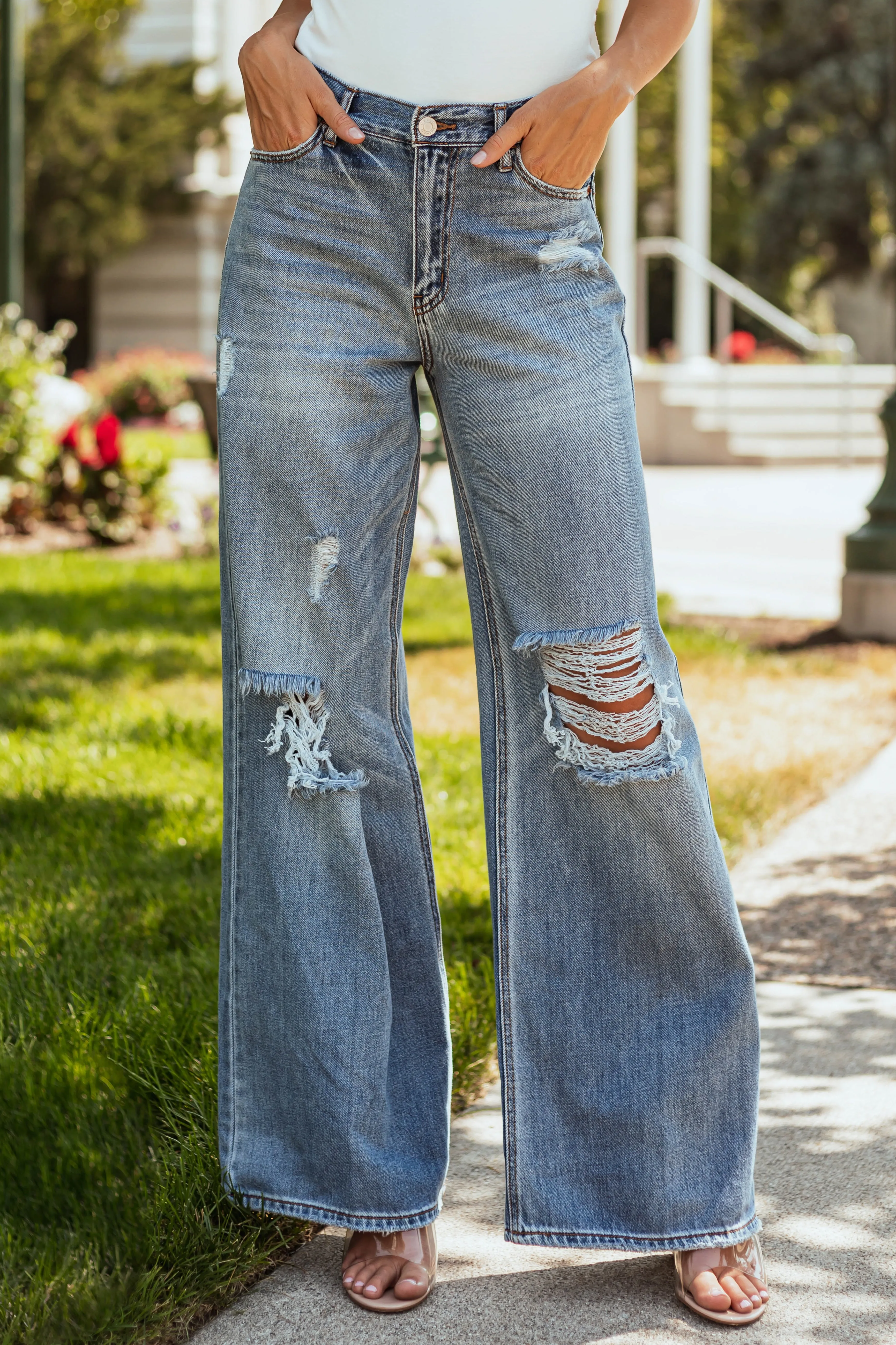 Cello Medium Light Wash Distressed Knee Wide Leg Jeans sold by Lime Lush