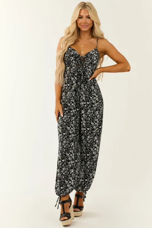 Black Floral Print Front Tie V Neck Jumpsuit sold by Lime Lush