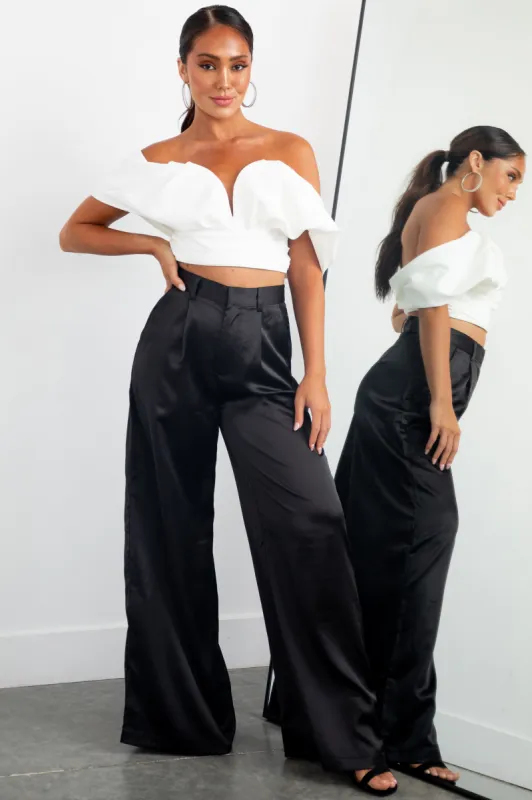 Black High Rise Wide Leg Satin Trousers sold by Lime Lush