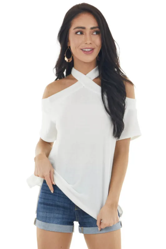 Ivory Criss Cross Neck Cold Shoulder Short Sleeve Knit Top sold by Lime Lush