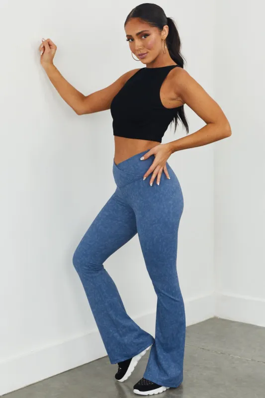 Steel Blue Watercolor Crossover Flare Leggings sold by Lime Lush