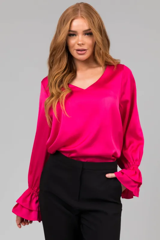 Hot Pink V Neck Ruffle Cuff Satin Blouse sold by Lime Lush