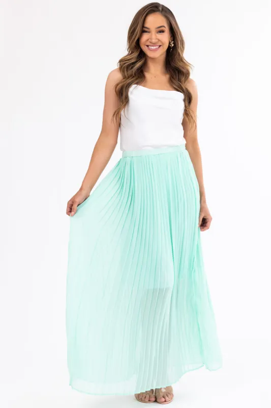 Seafoam Pleated Chiffon Elastic Waist Maxi Skirt sold by Lime Lush