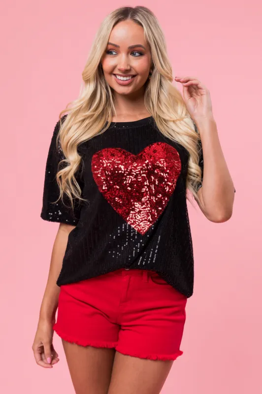 Black Sequined Heart Short Sleeve Top sold by Lime Lush