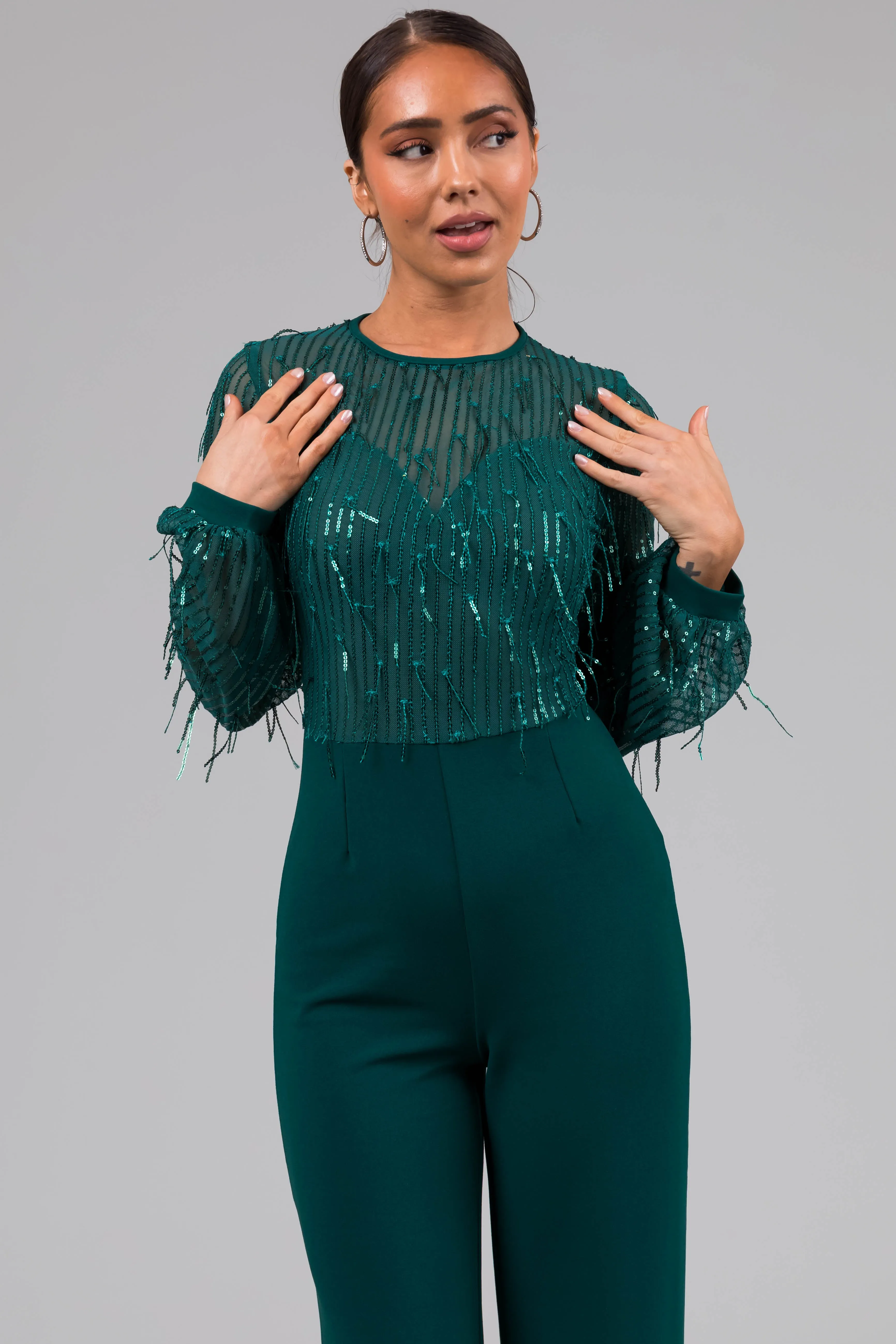 Jade Sequin Fringe Long Sleeve Flare Jumpsuit sold by Lime Lush product image thumbnail 5
