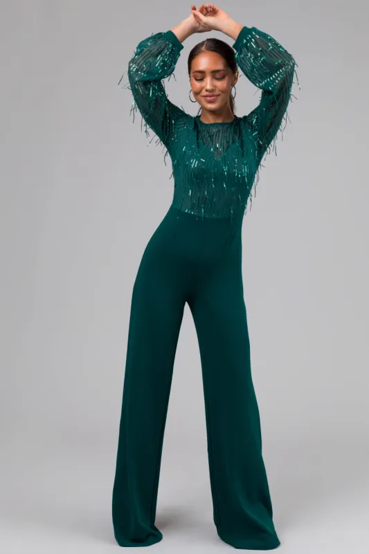 Jade Sequin Fringe Long Sleeve Flare Jumpsuit sold by Lime Lush