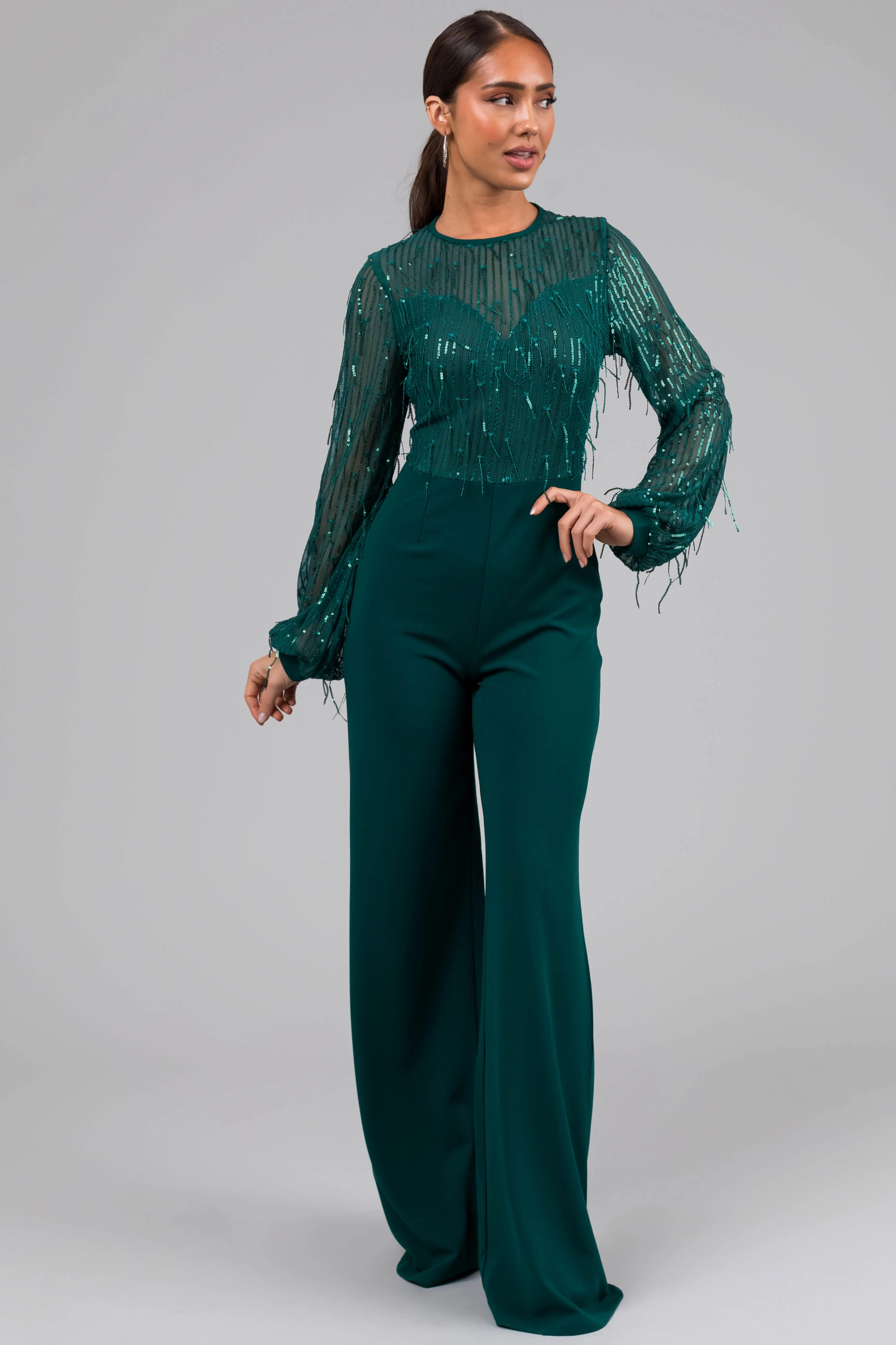 Jade Sequin Fringe Long Sleeve Flare Jumpsuit sold by Lime Lush product image thumbnail 4