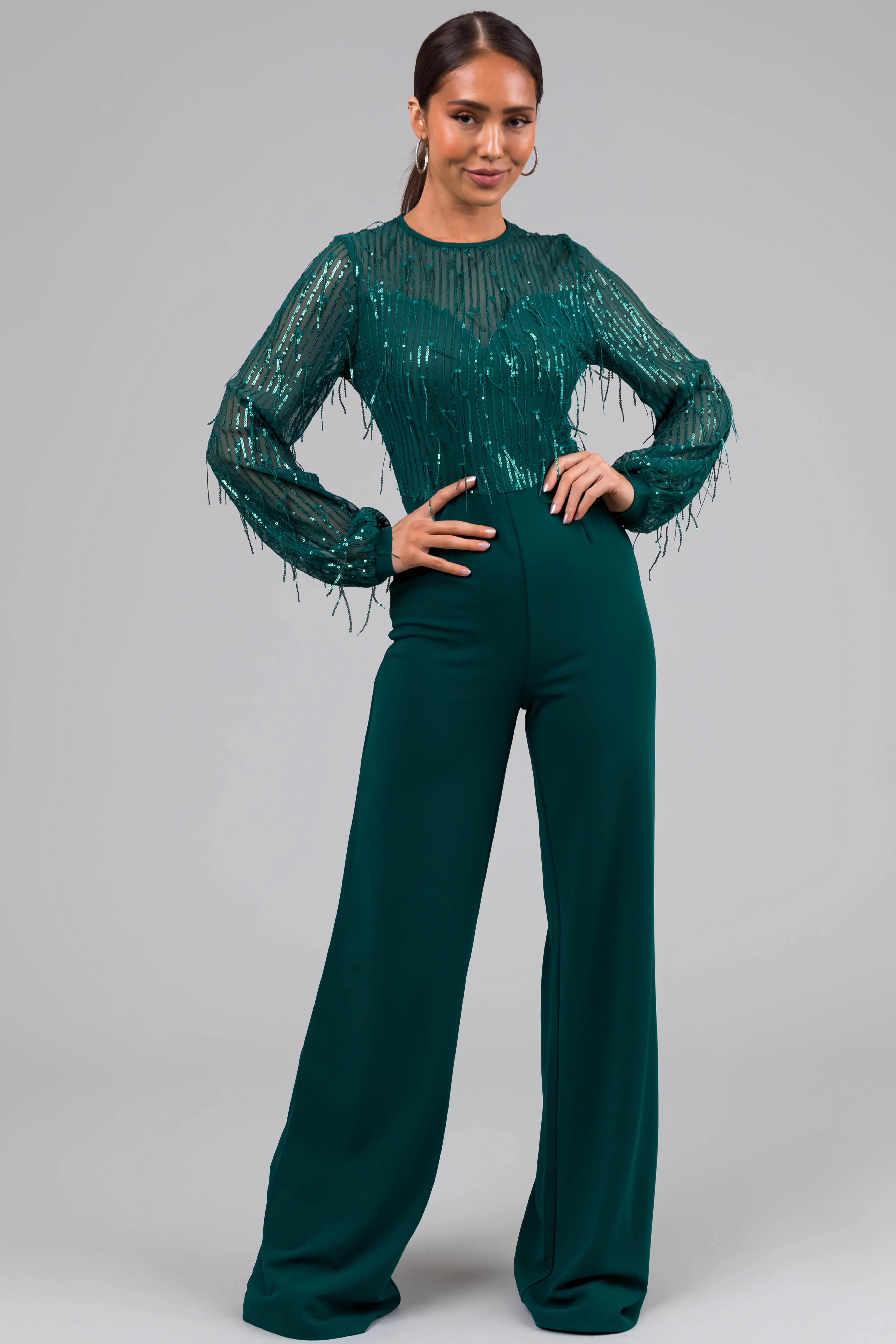 Jade Sequin Fringe Long Sleeve Flare Jumpsuit sold by Lime Lush product image thumbnail 3