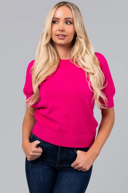 Magenta Half Puff Sleeve Solid Sweater sold by Lime Lush