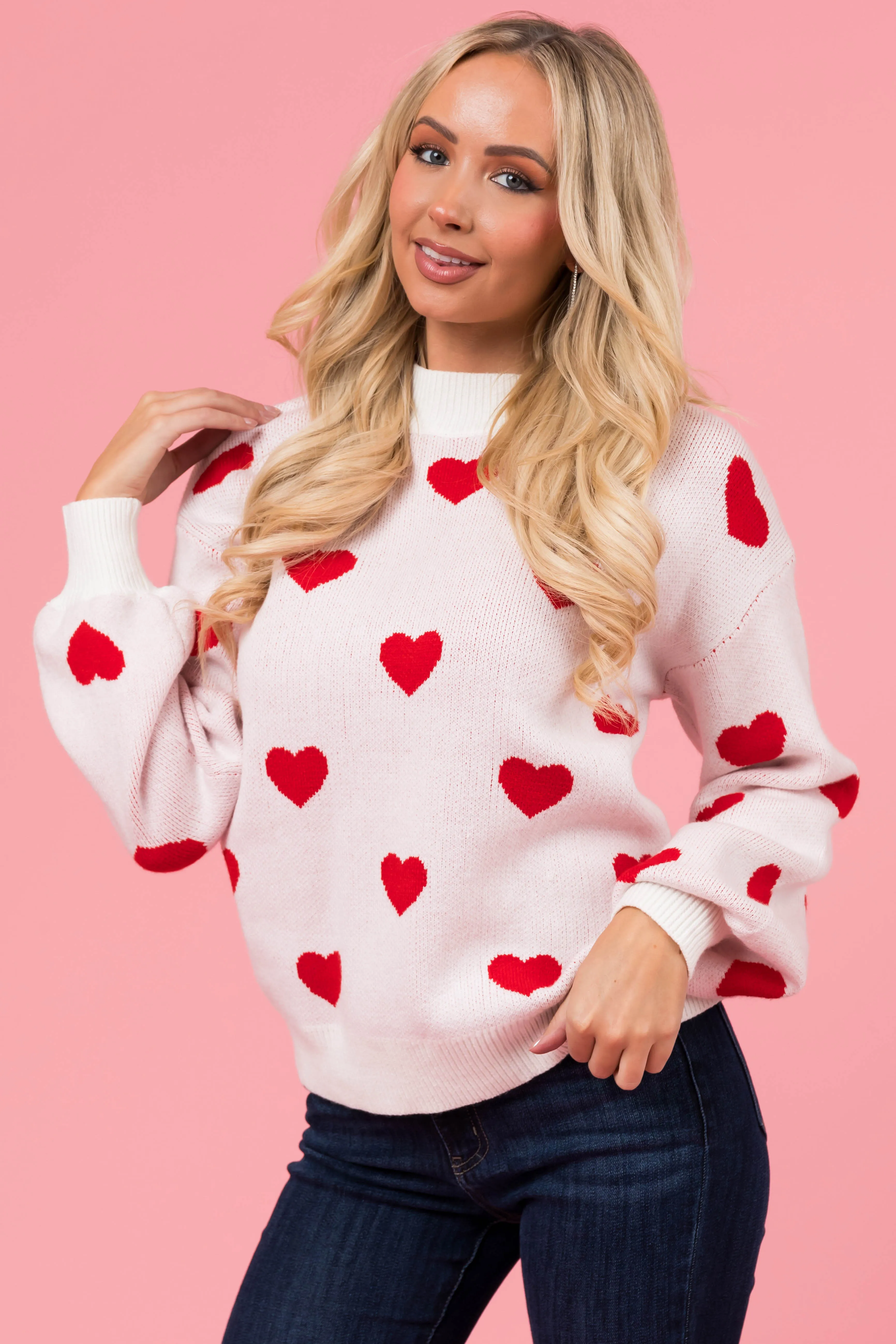 Ivory and Red Bubble Sleeve Heart Sweater sold by Lime Lush