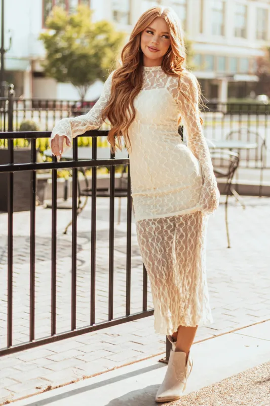 Cream Lace Long Sleeve High Neck Midi Dress sold by Lime Lush